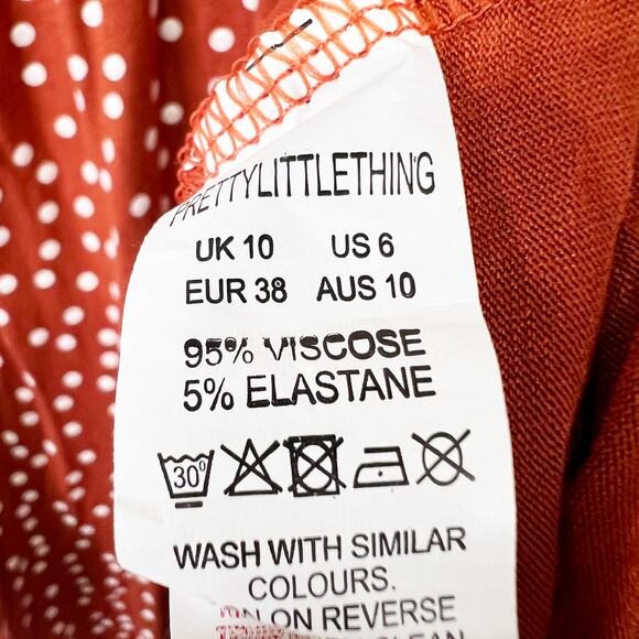 PrettyLittleThing polka dot dress brown and white mini stretch surplice Size 6 - Picture 6 of 8